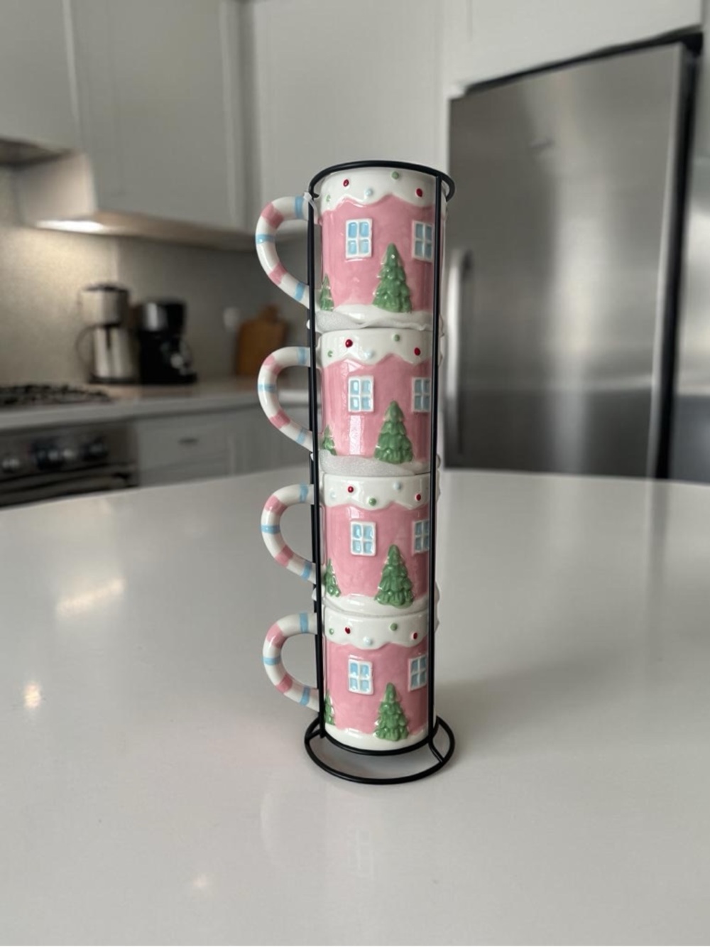 Stackable Pink Holiday House Mug Set with Stand
